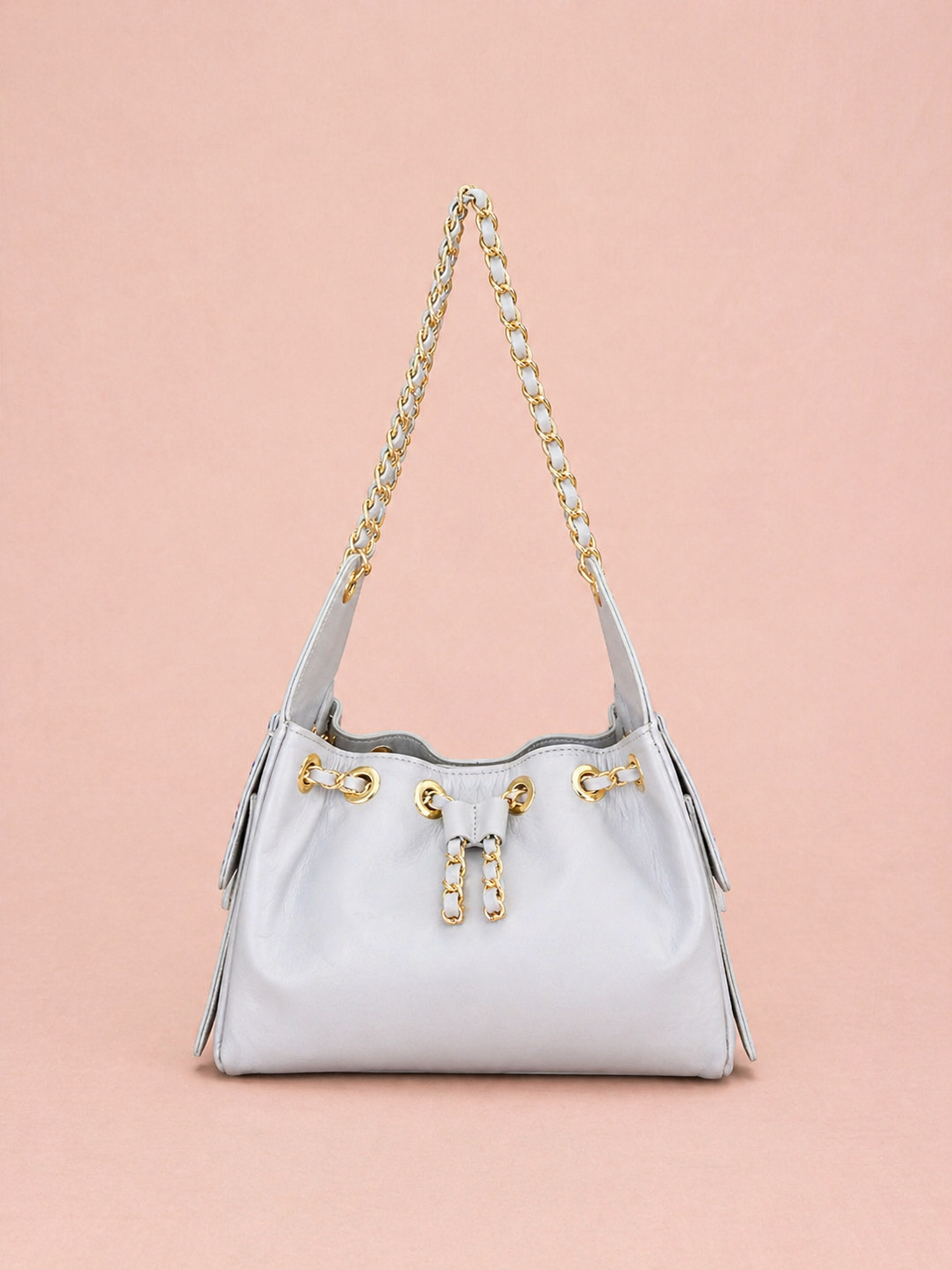 Light Blue Leather Shoulder Bag With Gold Chain Strap