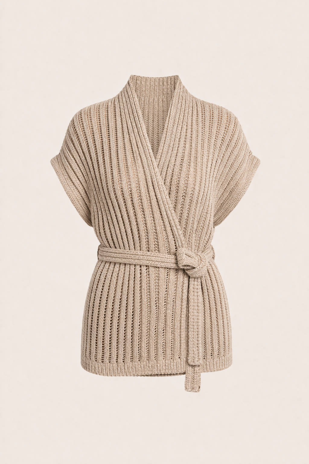 Beige Ribbed Knit Wrap Cardigan with Subtle Sequins - Belted Luxe Knit