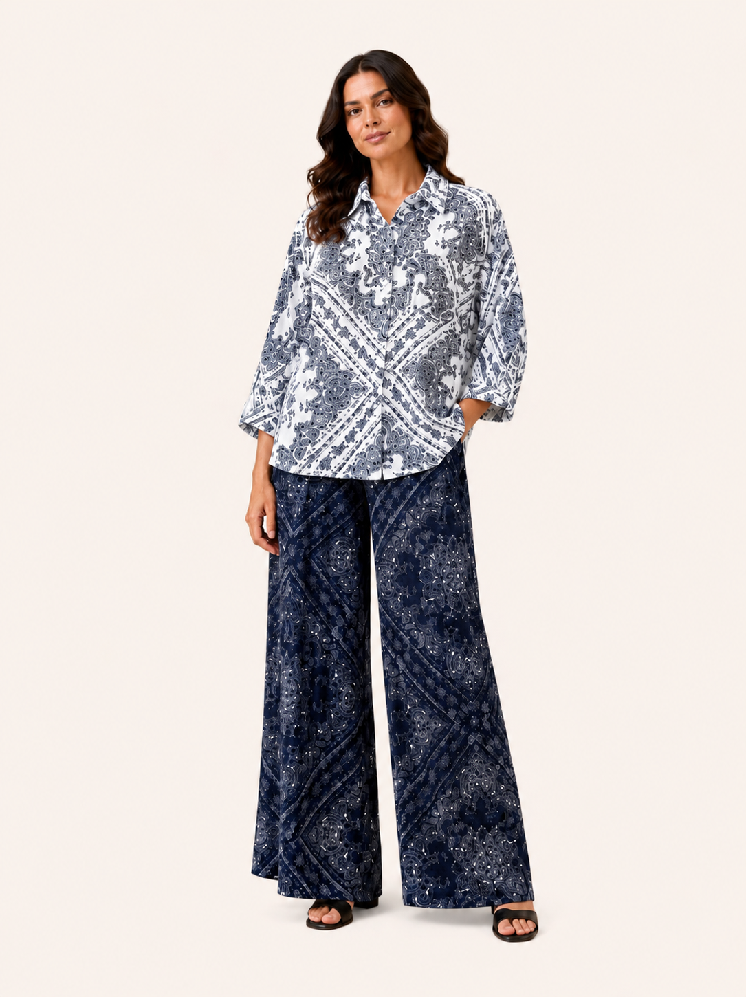 Navy & White Paisley Print Wide-Leg Trousers With Tie Waist