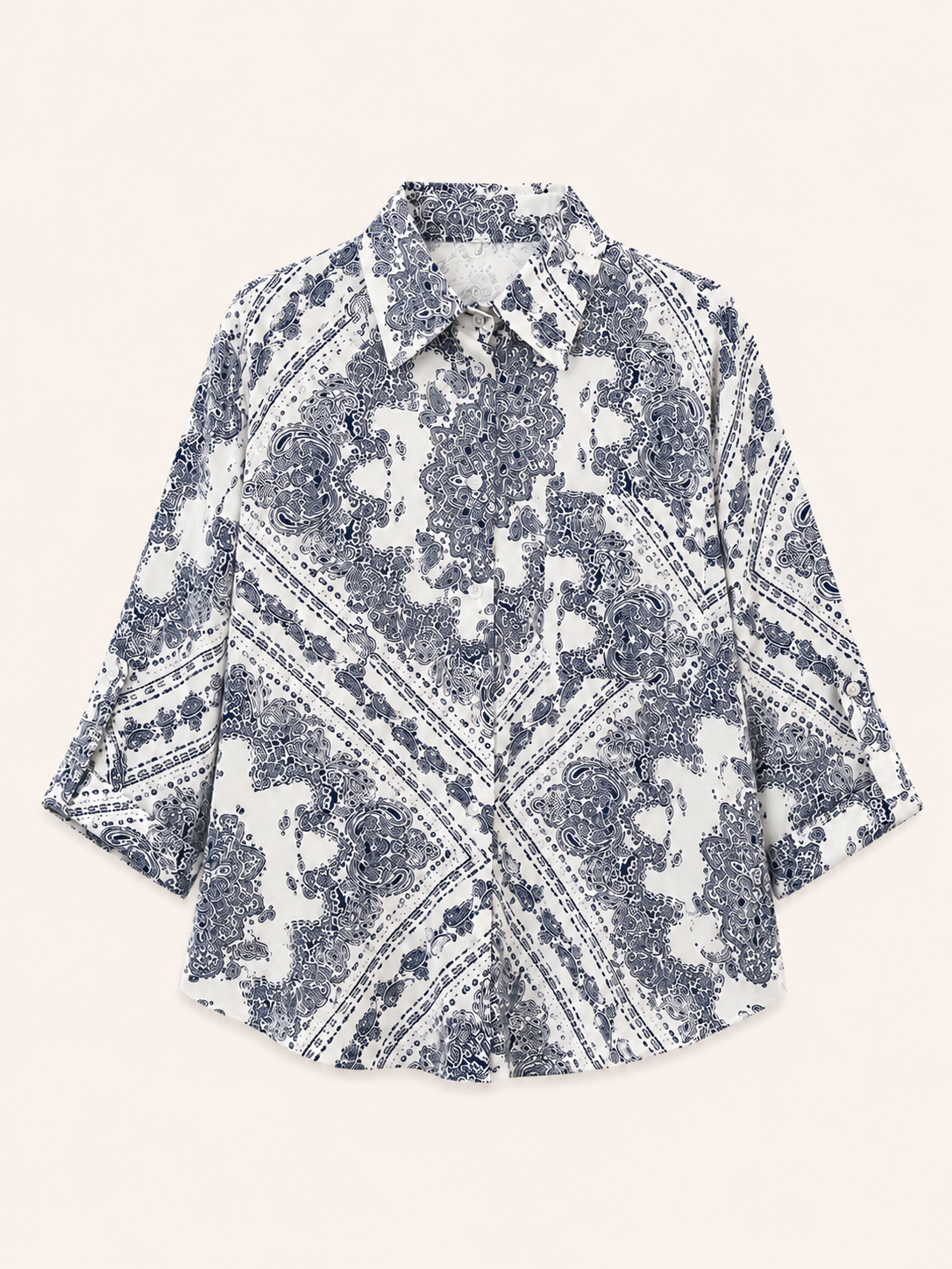White & Navy Paisley Print Relaxed Shirt With 3/4 Sleeves