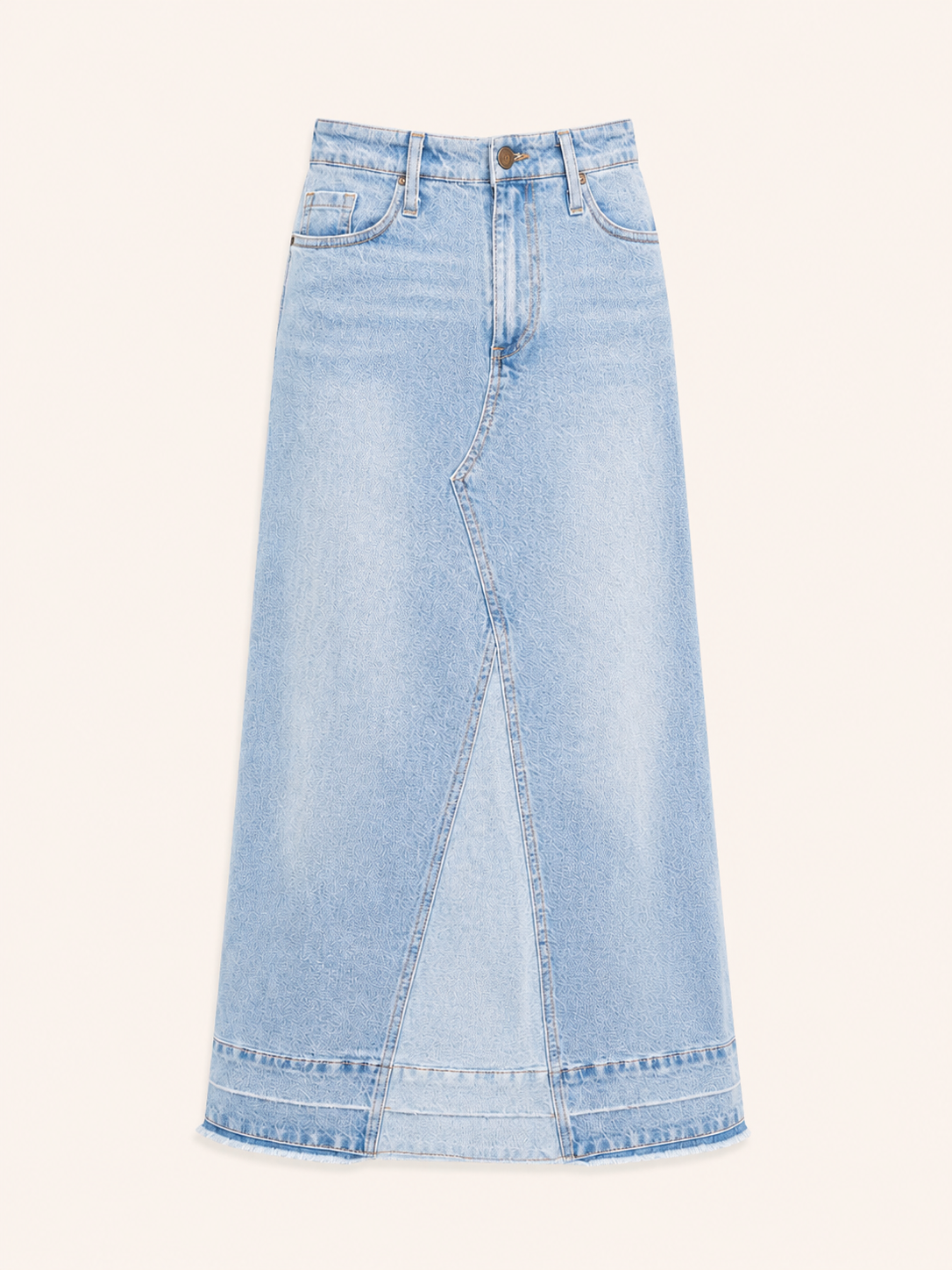 Washed Light Blue Denim Maxi Skirt With Front Slit