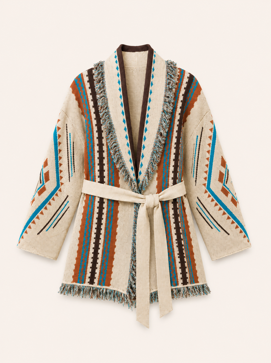 Oversized Cream Aztec Print Belted Fringe Cardigan