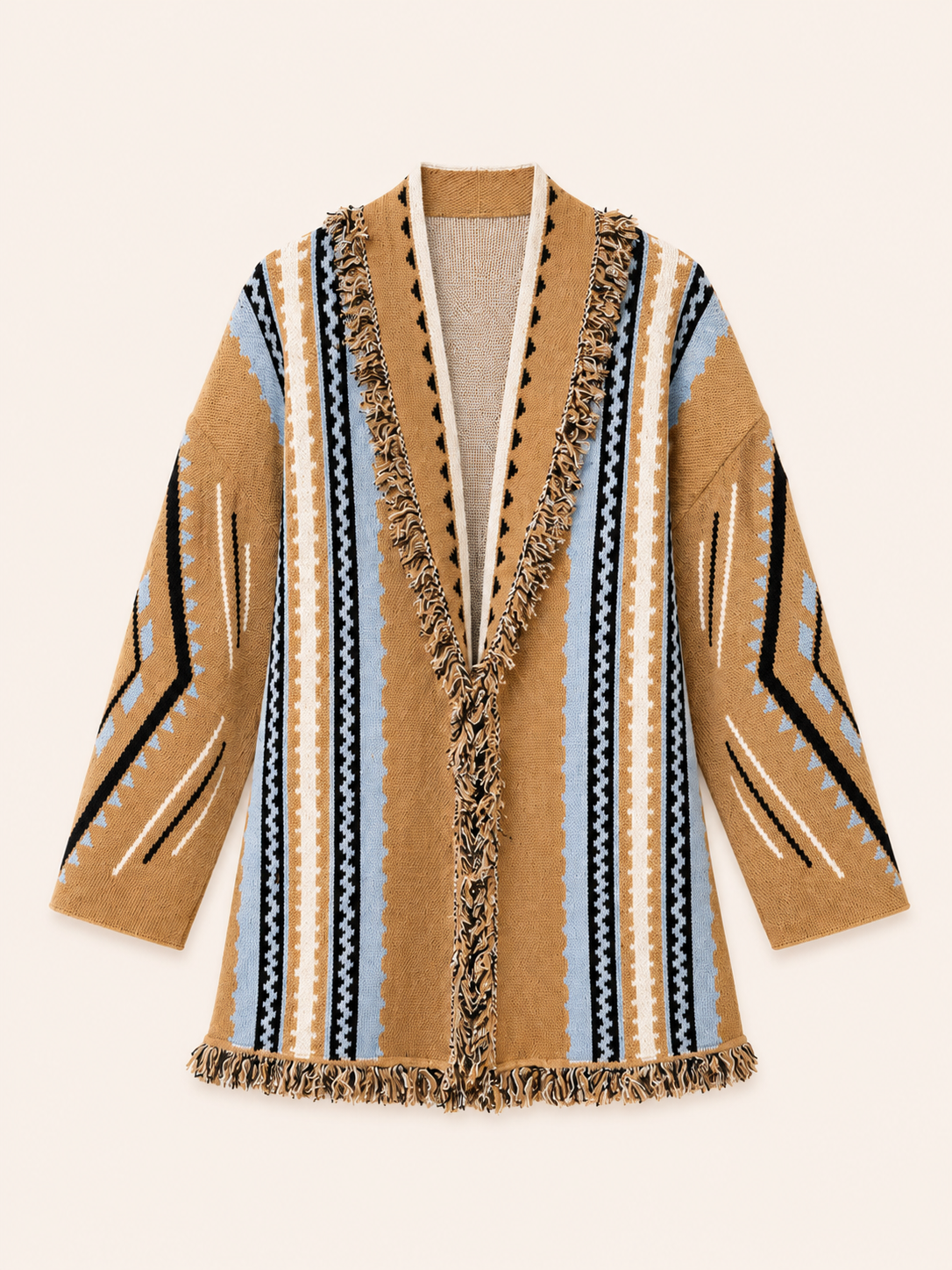 Oversized Camel Aztec Print Belted Fringe Cardigan