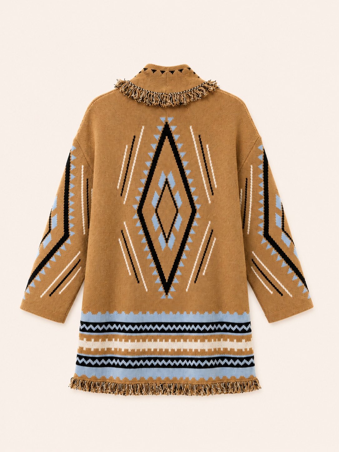 Oversized Camel Aztec Print Belted Fringe Cardigan