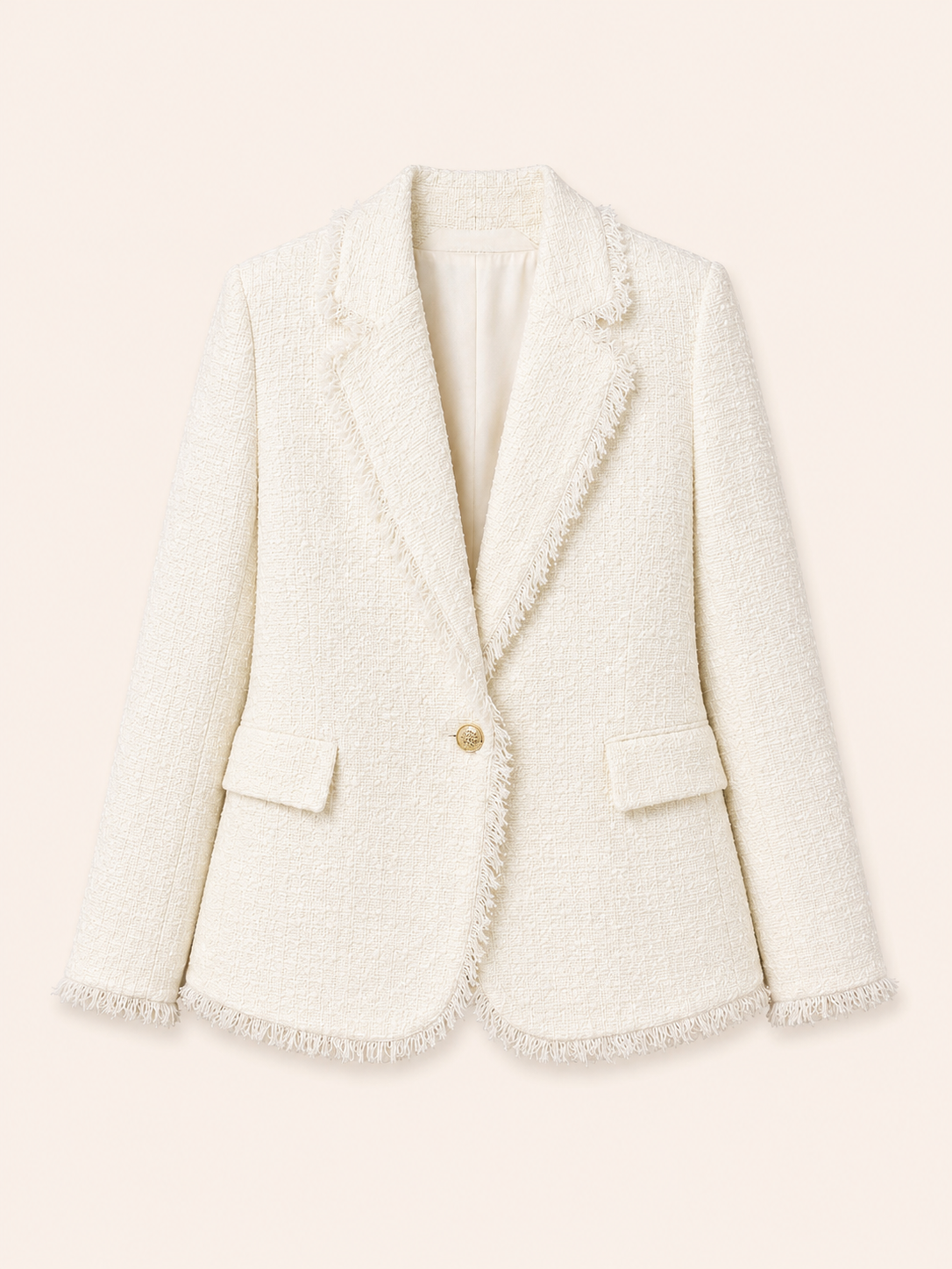 White Tweed Blazer With Fringe Trim & Gold Button