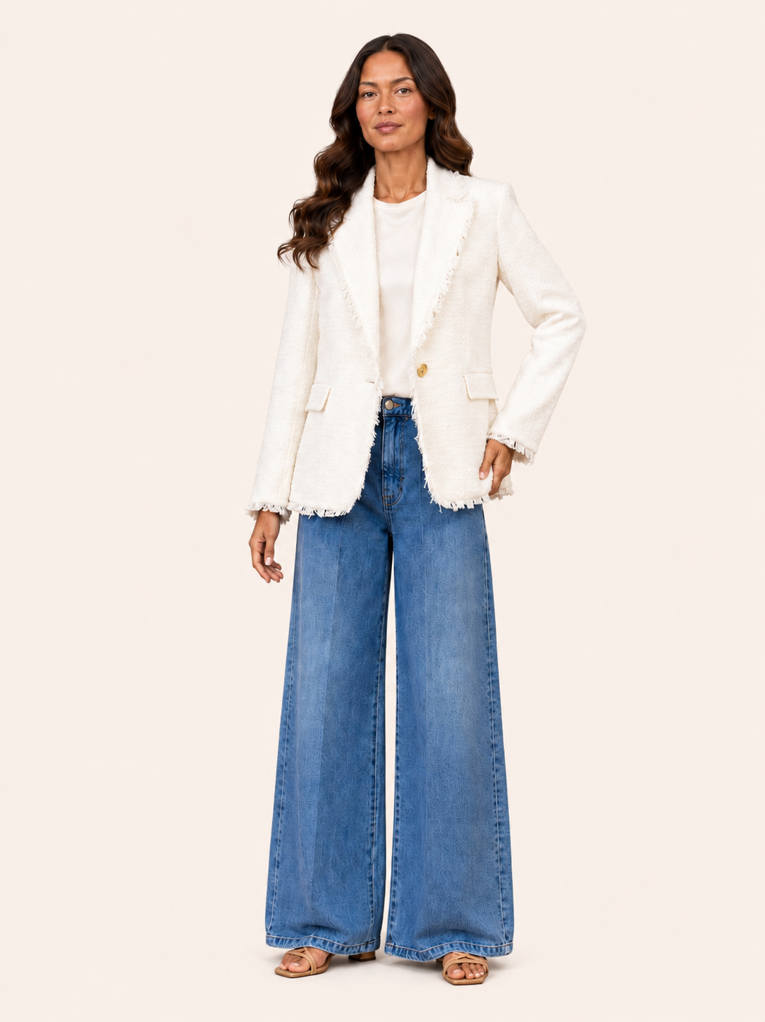 White Tweed Blazer With Fringe Trim & Gold Button