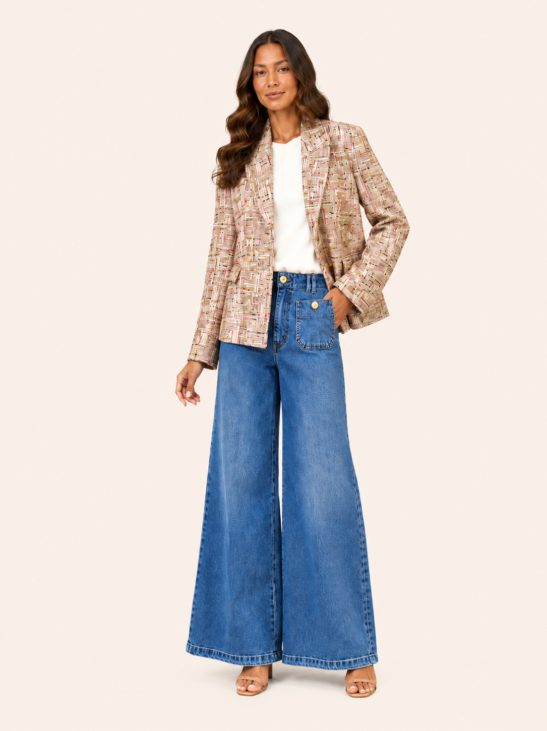 Beige Multicolour Tweed Blazer With Gold Buttons