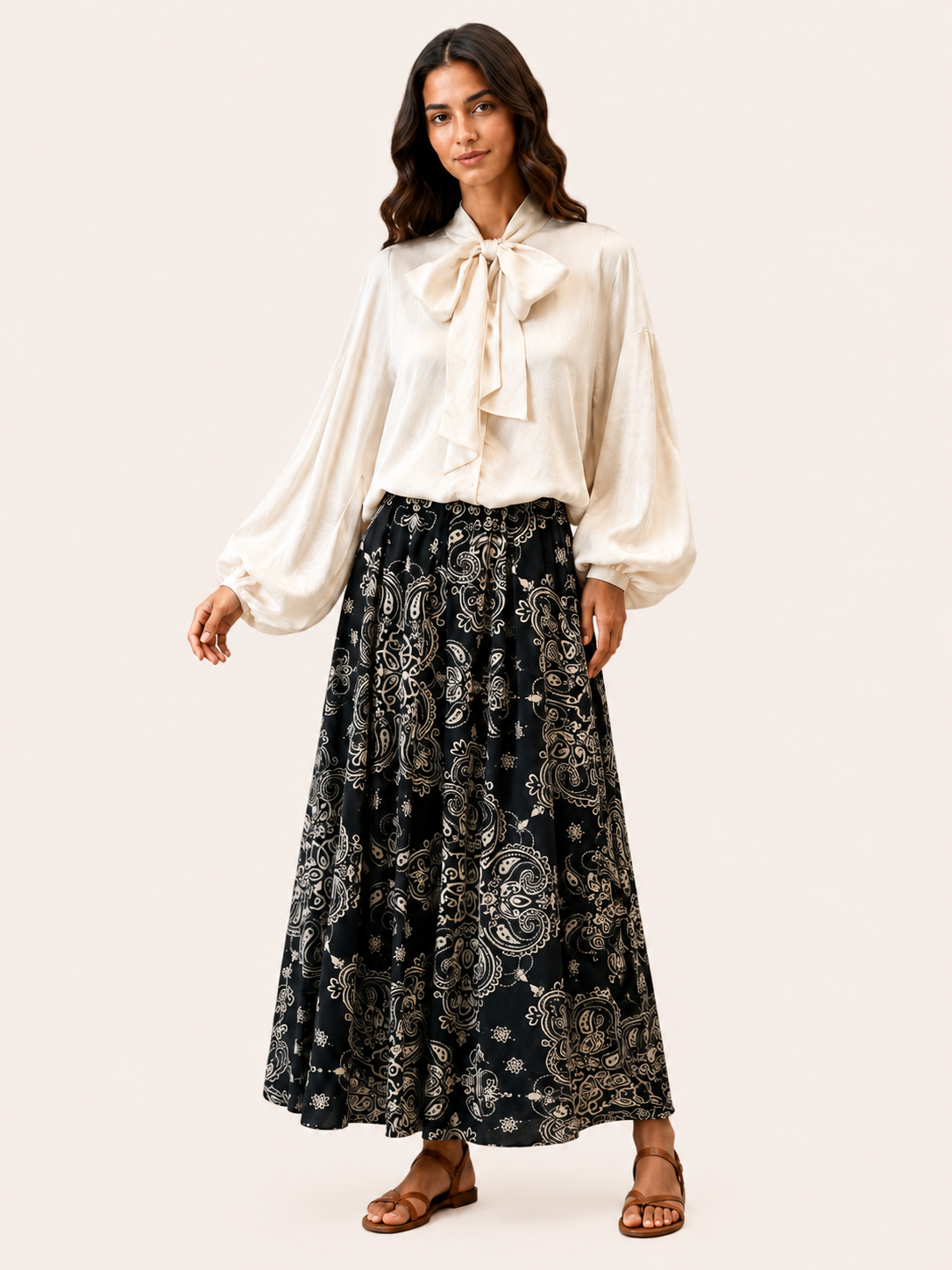 Ivory Bow-Neck Blouse With Balloon Sleeves