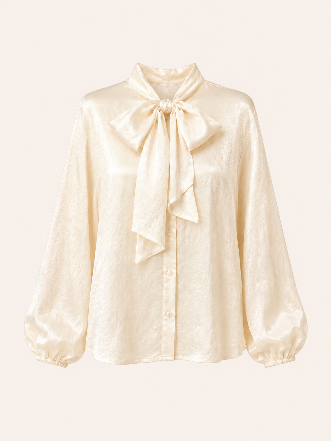 Ivory Bow-Neck Blouse With Balloon Sleeves