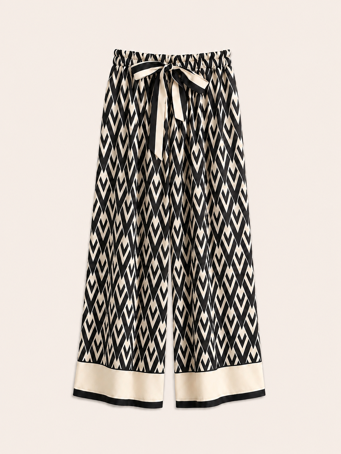 Black & Ivory Geometric Print Wide-Leg Trousers With Tie Waist