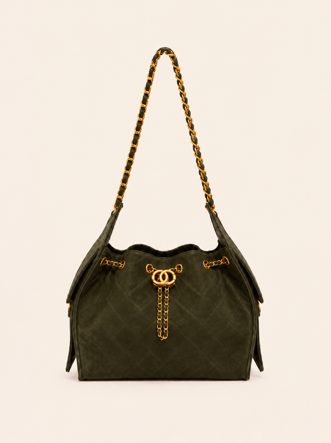 Luxury Quilted Dark Olive Suede Leather Shoulder Bag With Gold Chain Strap