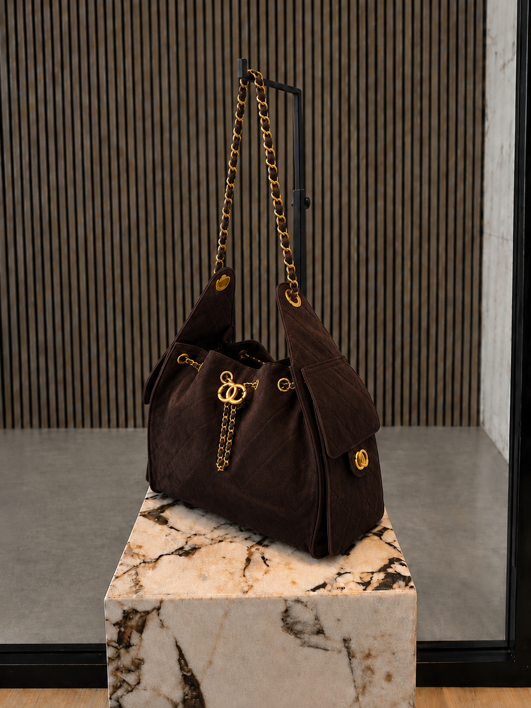 Luxury Quilted Dark Brown Suede Leather Bag With Gold Chain Strap