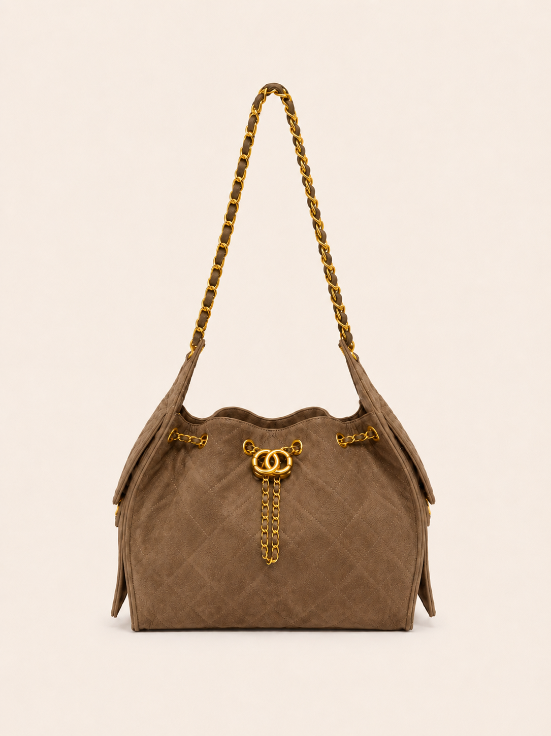 Luxury Quilted Taupe Suede Leather Shoulder Bag With Gold Chain Strap