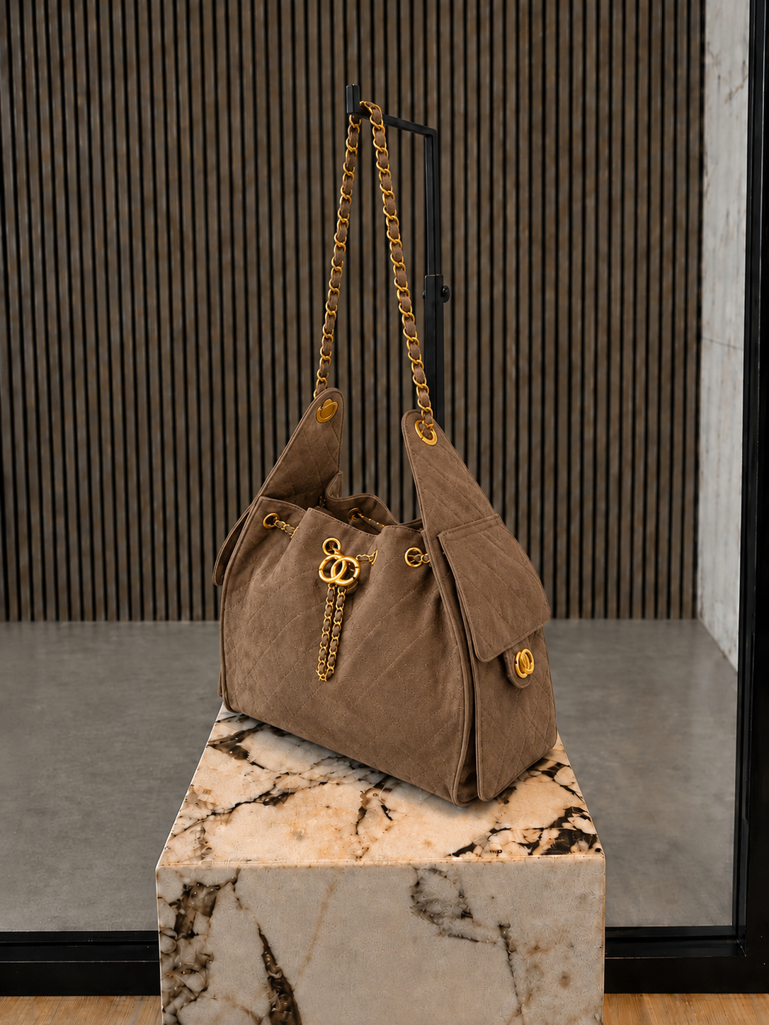 Luxury Quilted Taupe Suede Leather Shoulder Bag With Gold Chain Strap