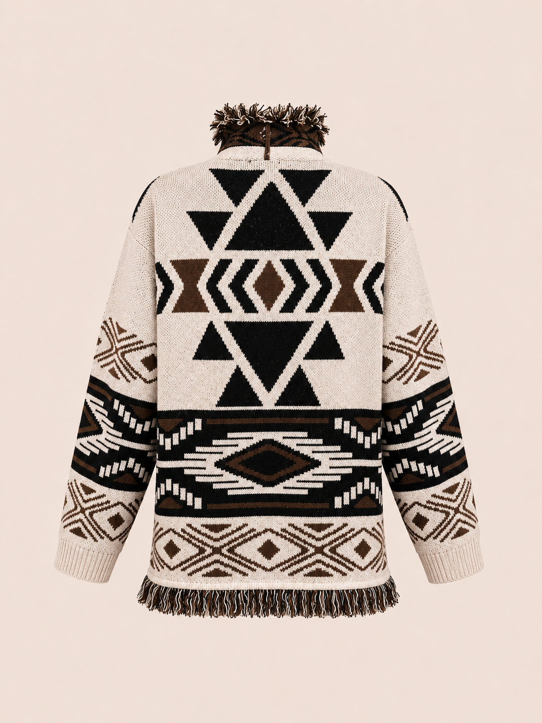 Cream & Brown Geometric Fringe Knit Cardigan