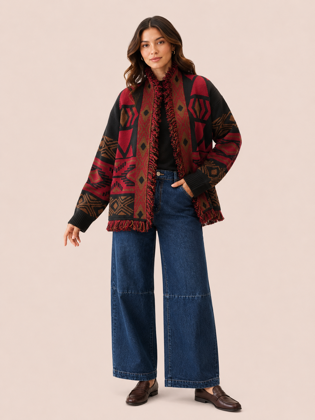 Red & Black Geometric Fringe Knit Cardigan
