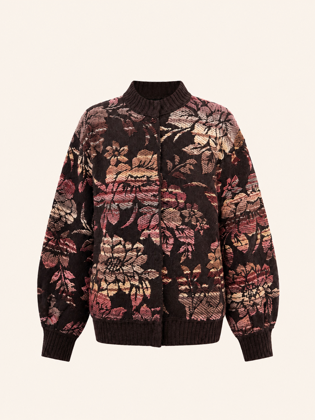 Relaxed Fit Brown Floral Jacquard Bomber Cardigan - Women's Knit Jacket
