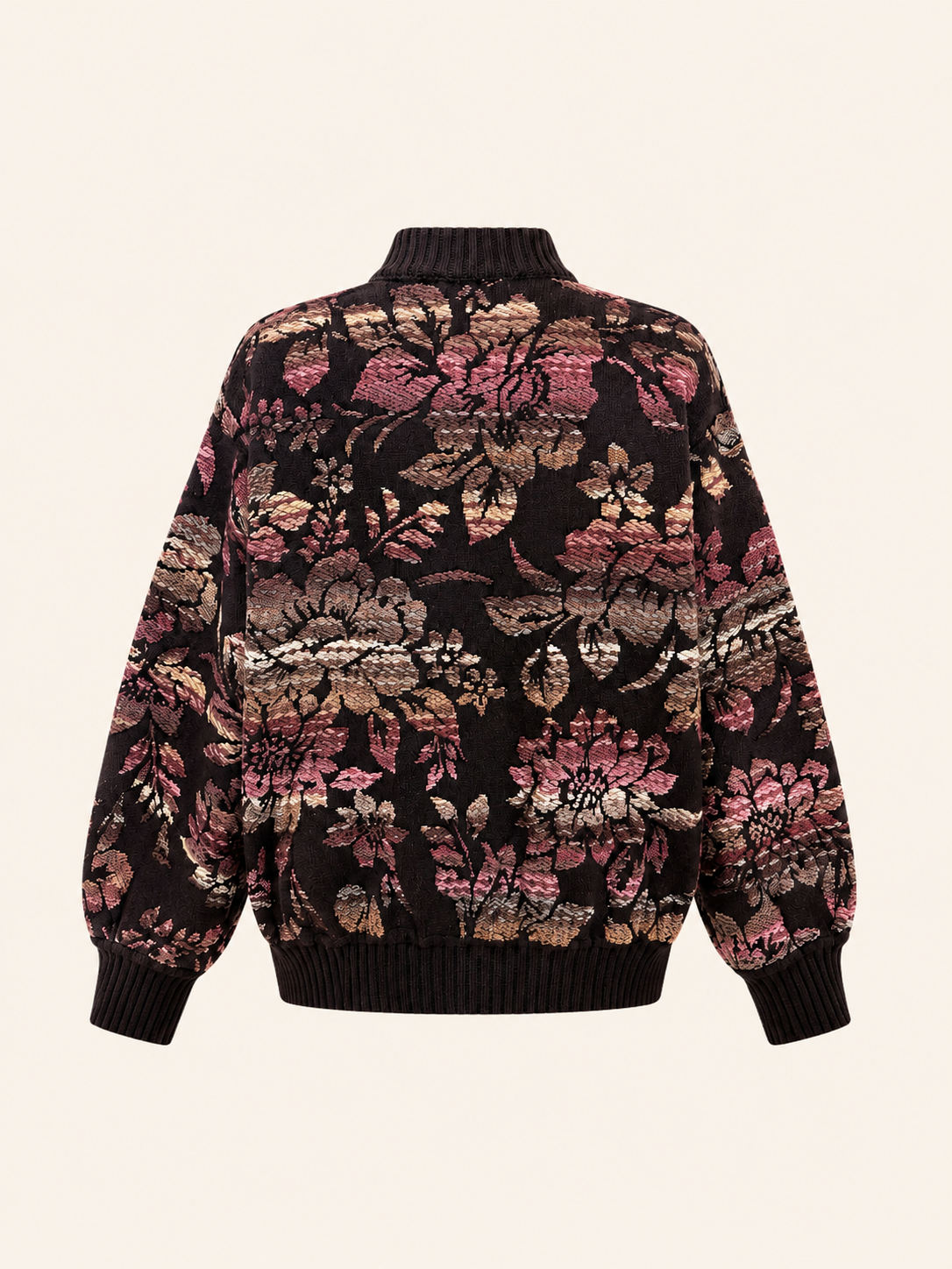 Relaxed Fit Brown Floral Jacquard Bomber Cardigan - Women's Knit Jacket