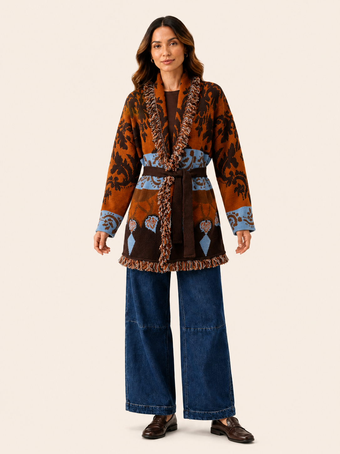 Women's Rust Brown Jacquard Knit Cardigan With Belt & Fringe