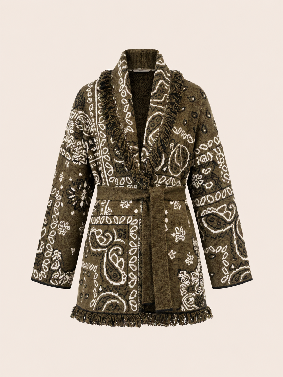 Relaxed Fit Olive Green Paisley Fringe Belted Knit Cardigan