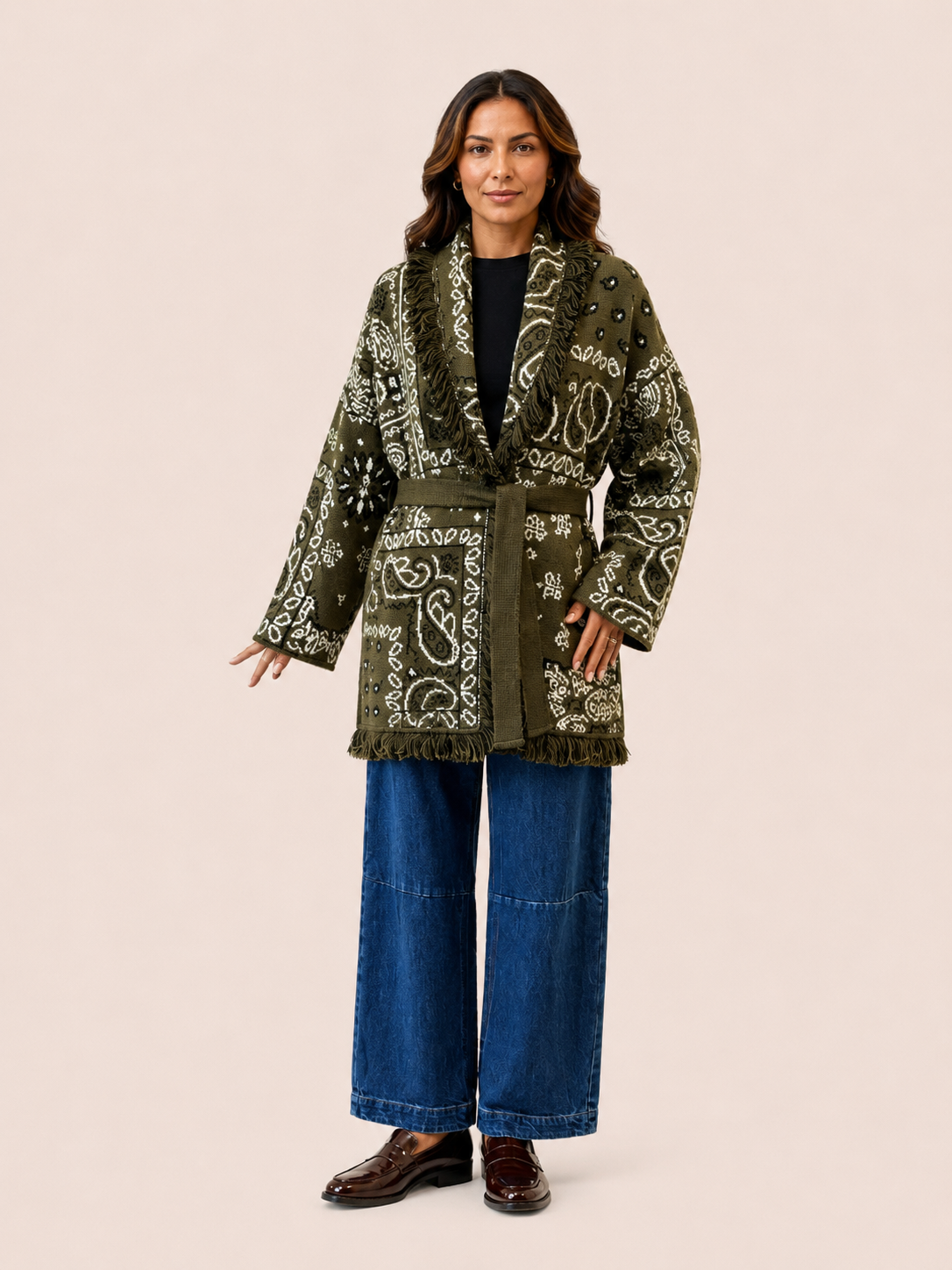 Relaxed Fit Olive Green Paisley Fringe Belted Knit Cardigan
