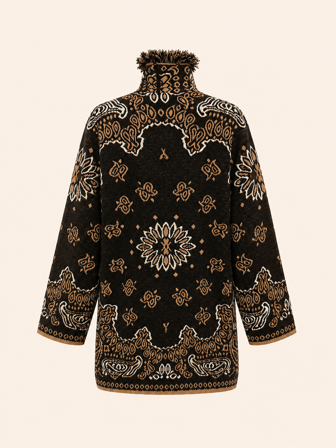 Relaxed Fit Brown & Camel Paisley Jacquard Cardigan With Fringe Trim