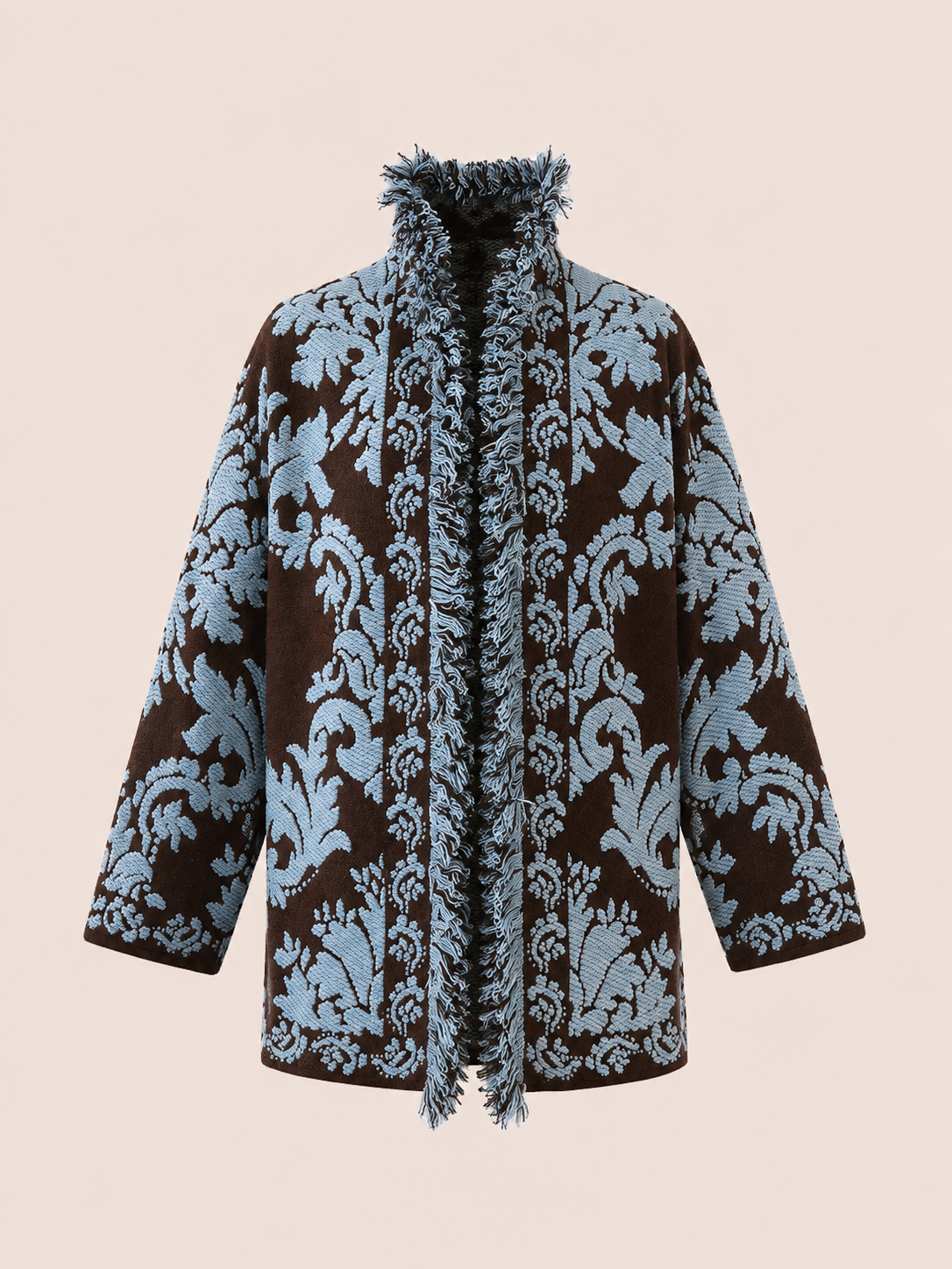 Women's Relaxed Fit Brown & Blue Baroque Jacquard Fringe Jacket