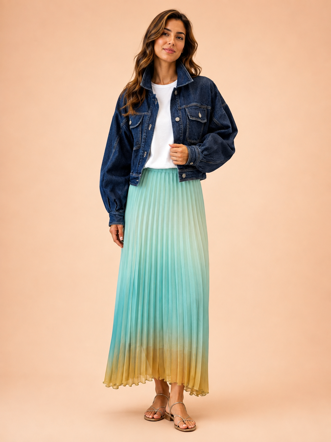 Women's Mint Green Ombre Pleated Maxi Skirt - Elegant Gradient Chiffon Skirt