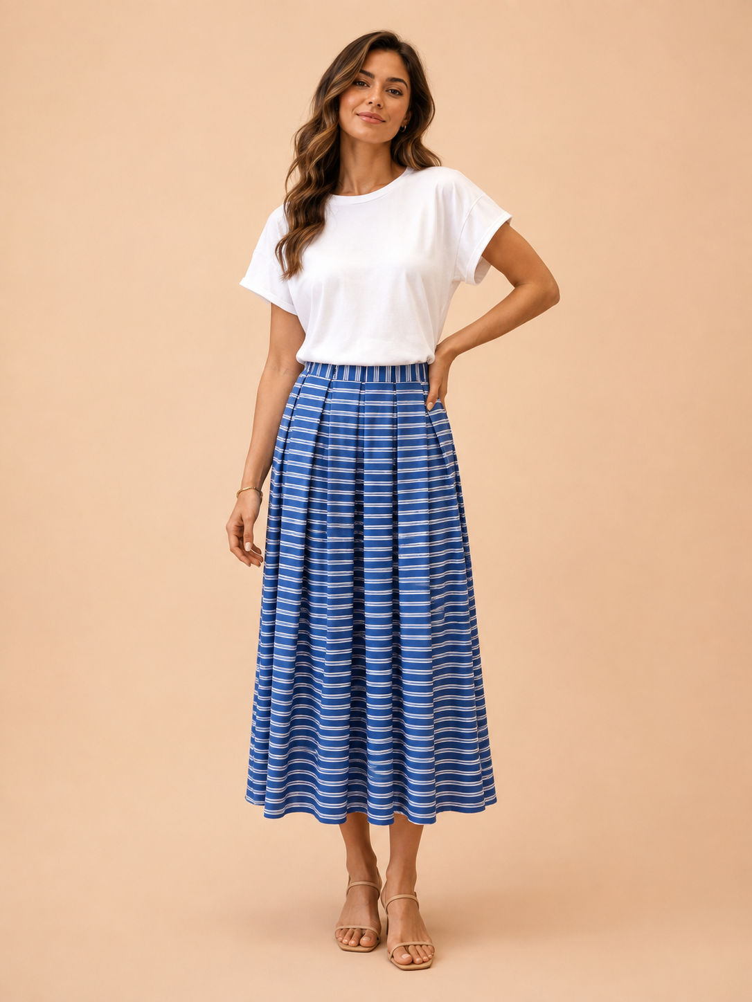 Women's Blue & White Striped A-Line Midi Skirt