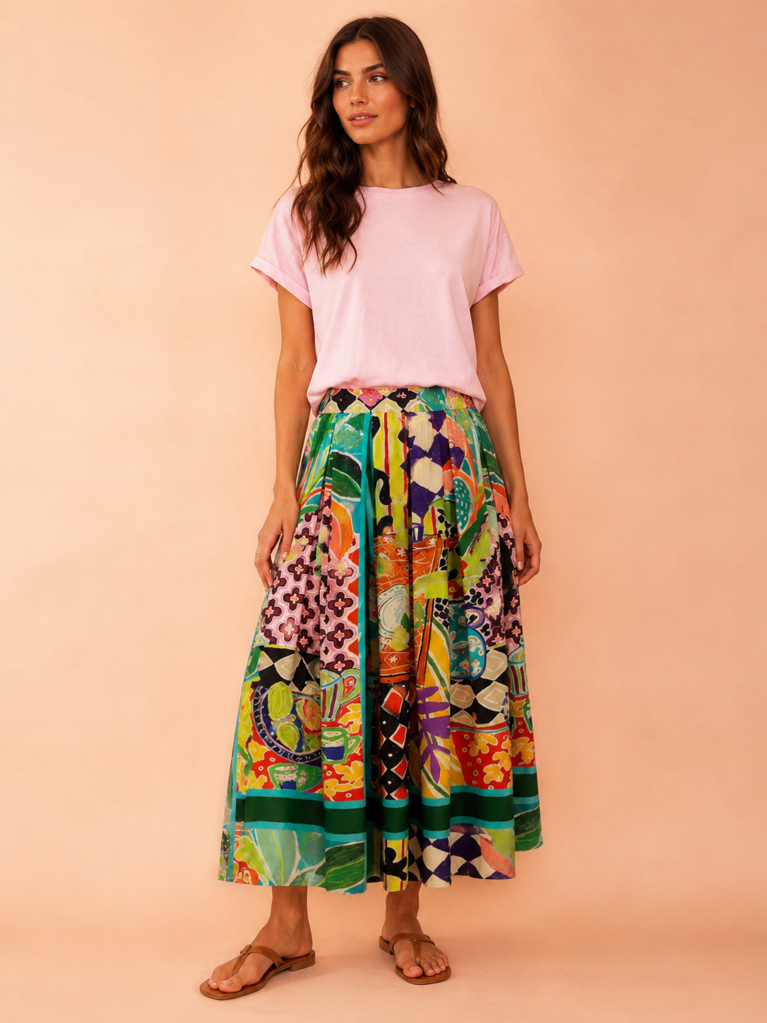 Italian Colourful Mediterranean Print Pleated Maxi Skirt