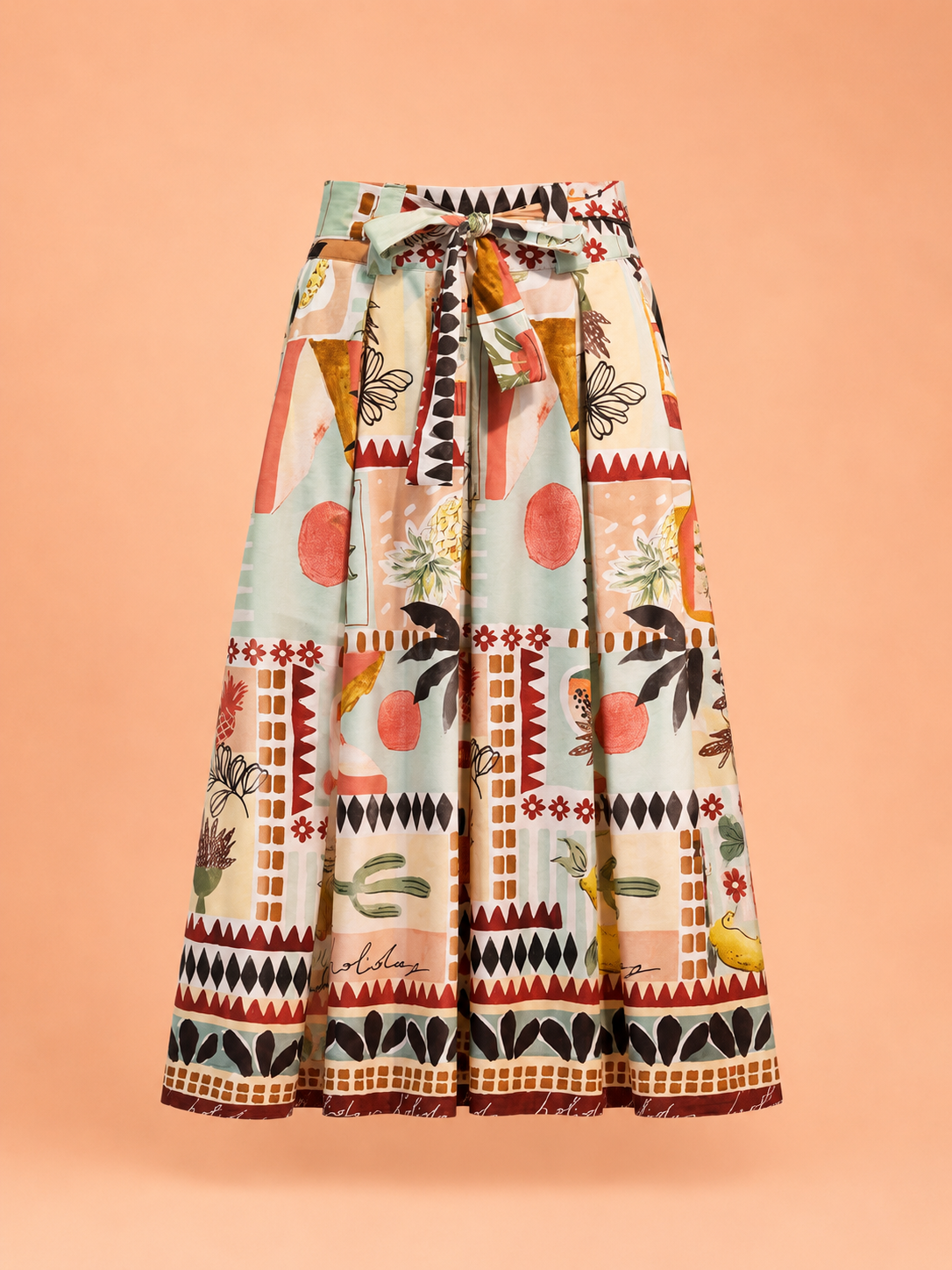 Italian Abstract Fruit Print Belted Pleated Maxi Skirt