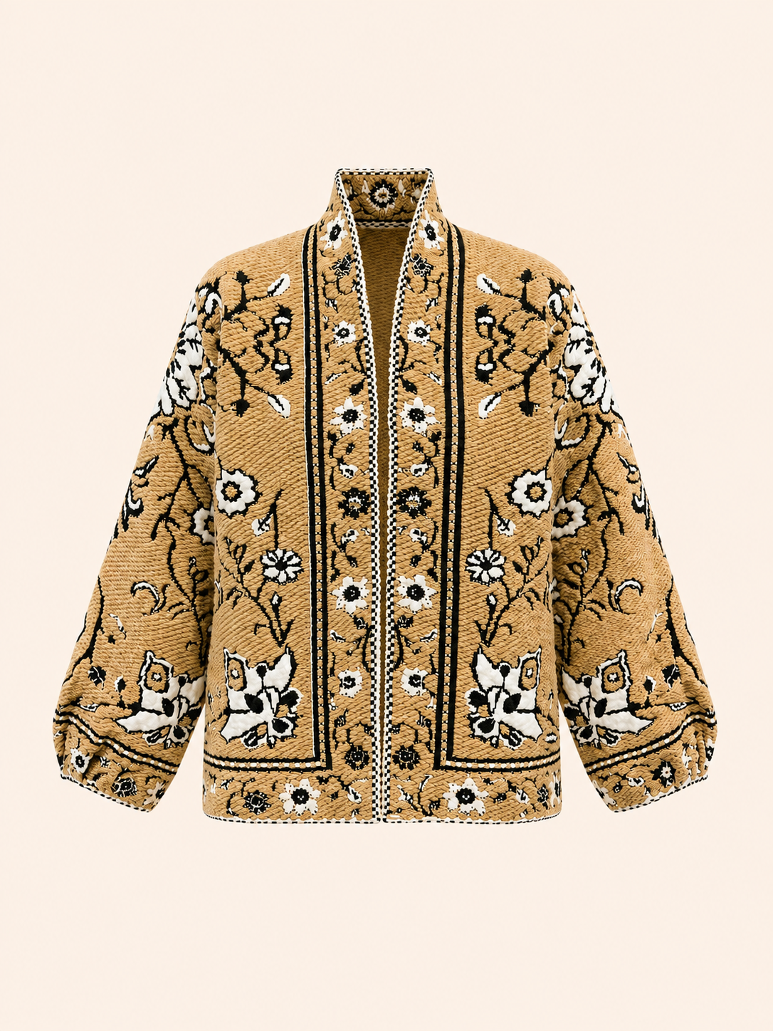 Women's Relaxed Fit Camel Floral Embroidered Cardigan Jacket
