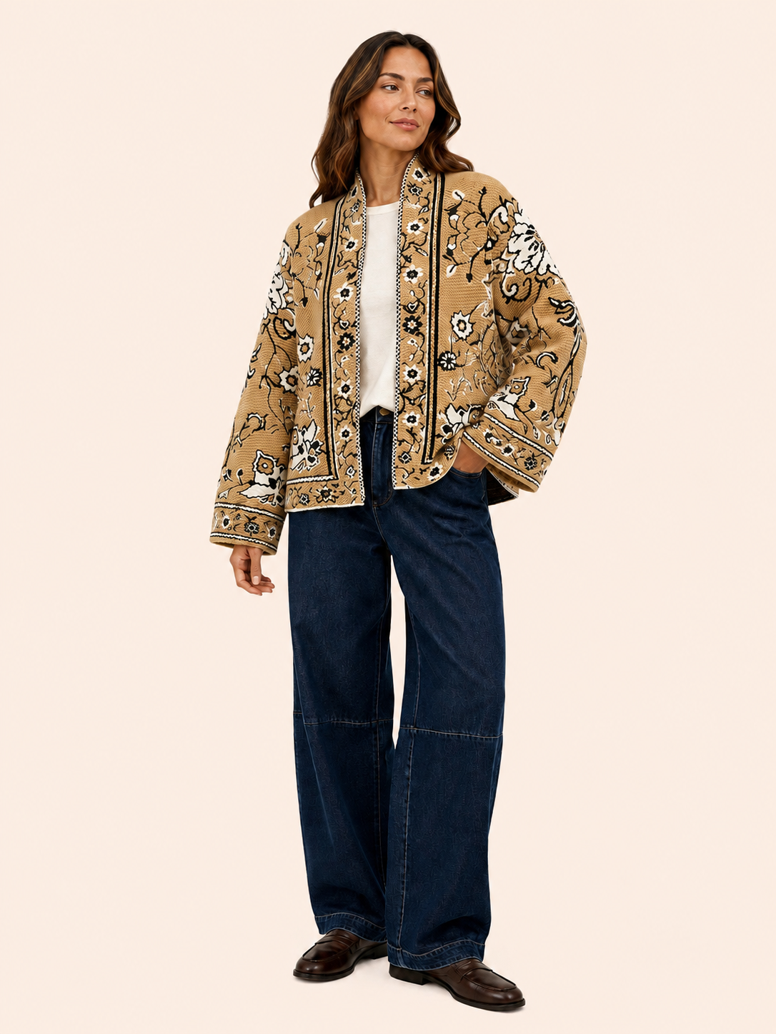 Women's Relaxed Fit Camel Floral Embroidered Cardigan Jacket