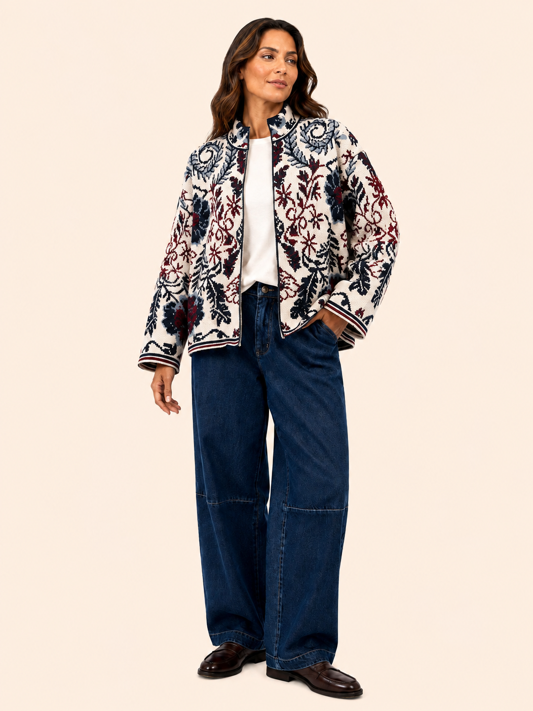 Women's Ivory Floral Jacquard Knit Jacket