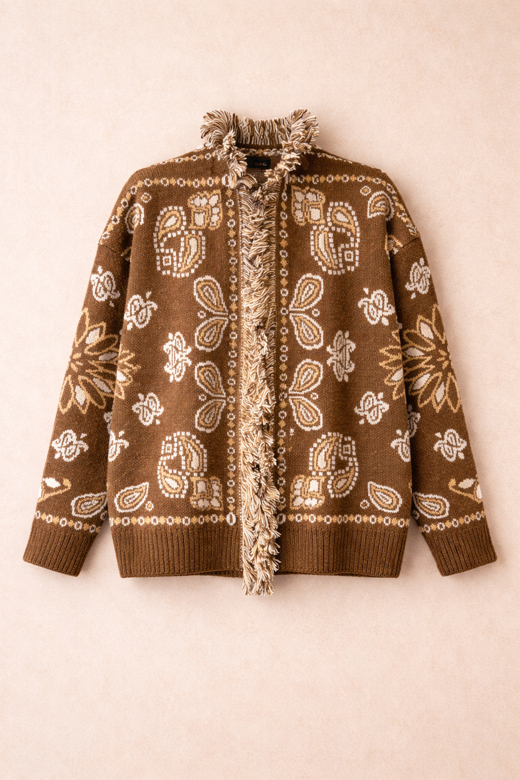 Brown Jacquard Knit Cardigan With Fringe Trim