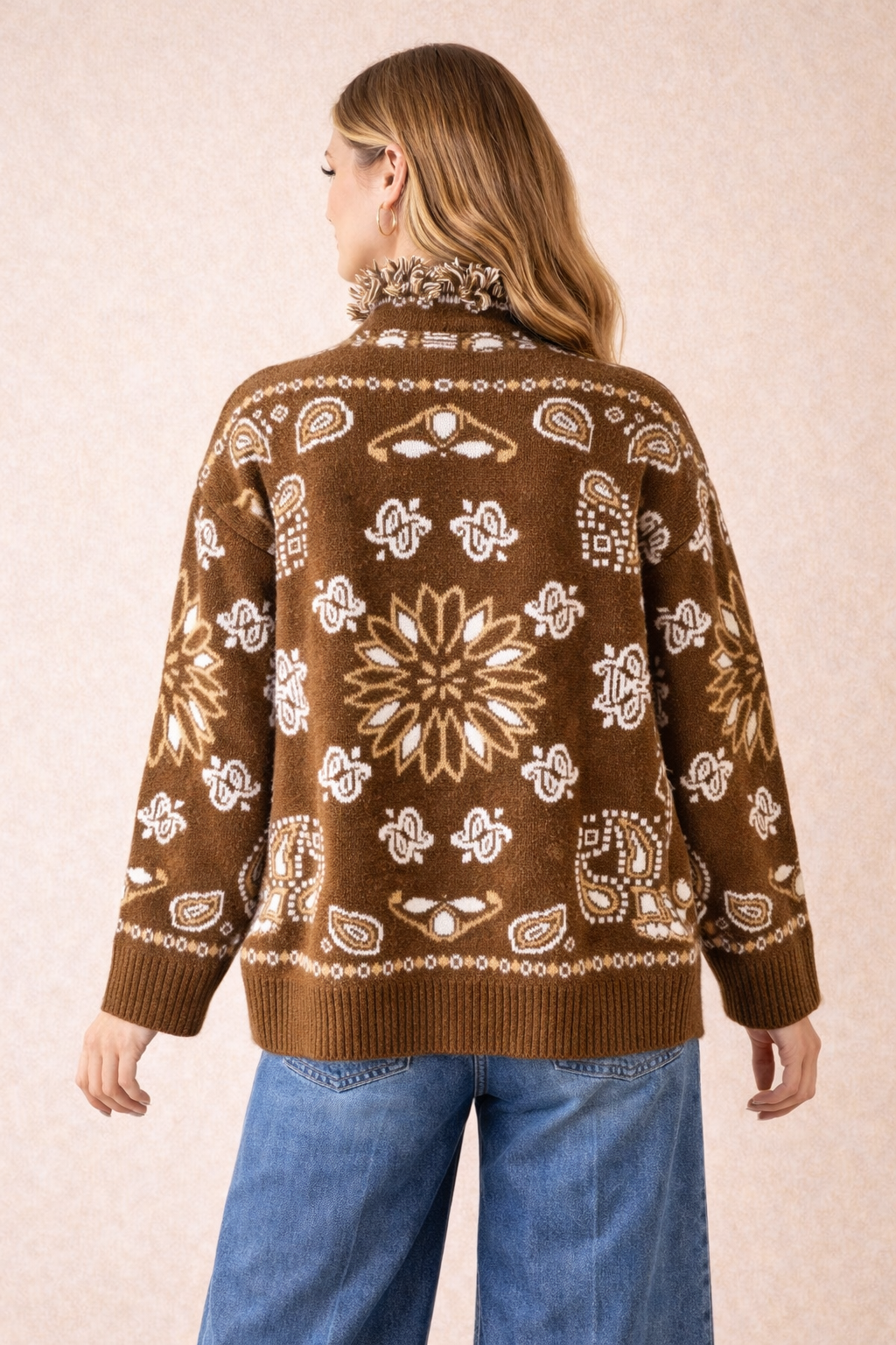 Brown Jacquard Knit Cardigan With Fringe Trim