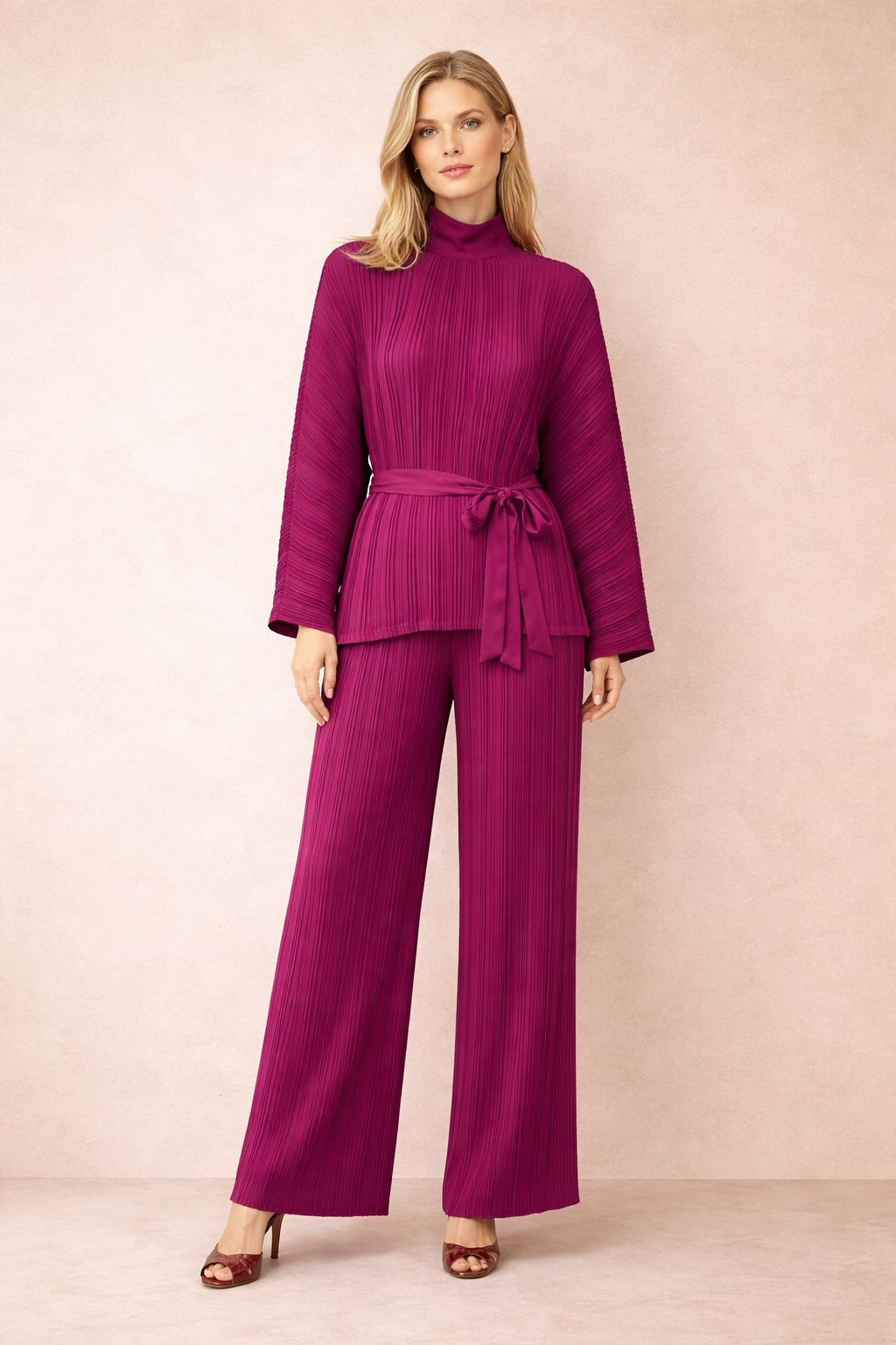 Burgundy Pleated Relaxed Fit Belted Top