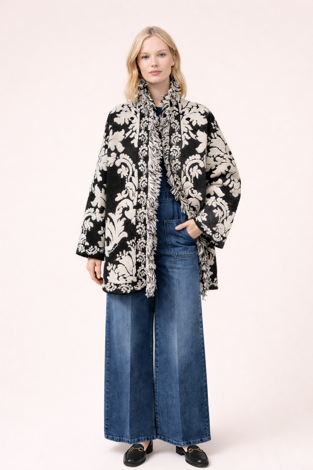Brown Damask Fringe Relaxed-Fit Cardigan
