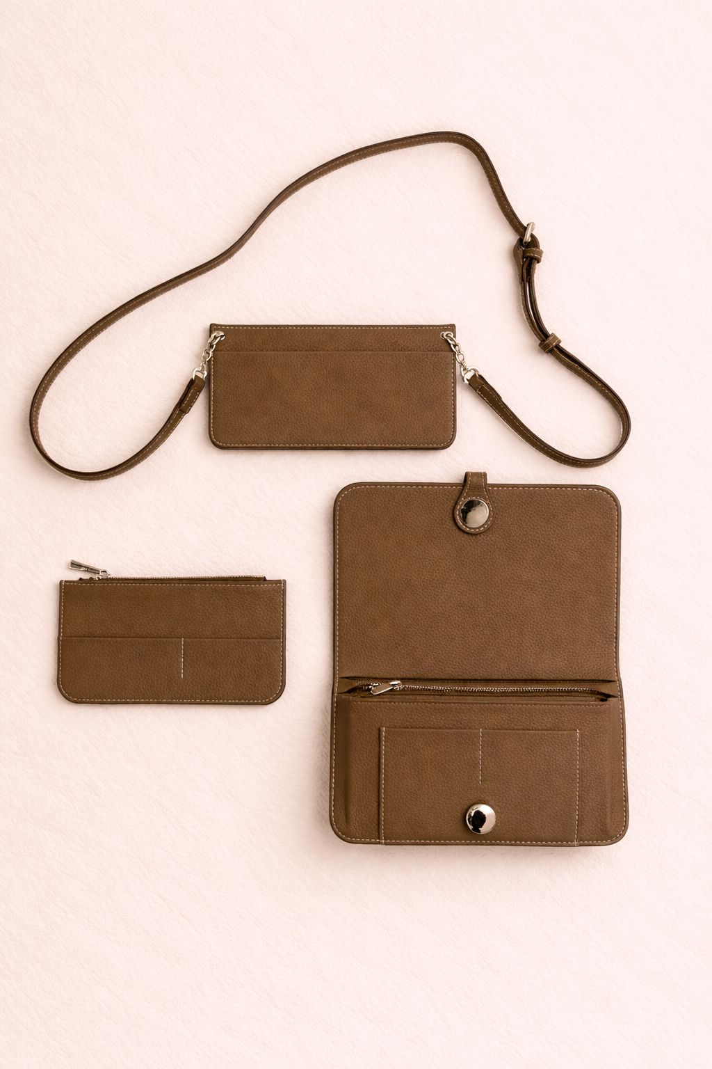 Luxe Dark Taupe Leather Modular Crossbody Bag - Detachable Wallet & Adjustable Strap