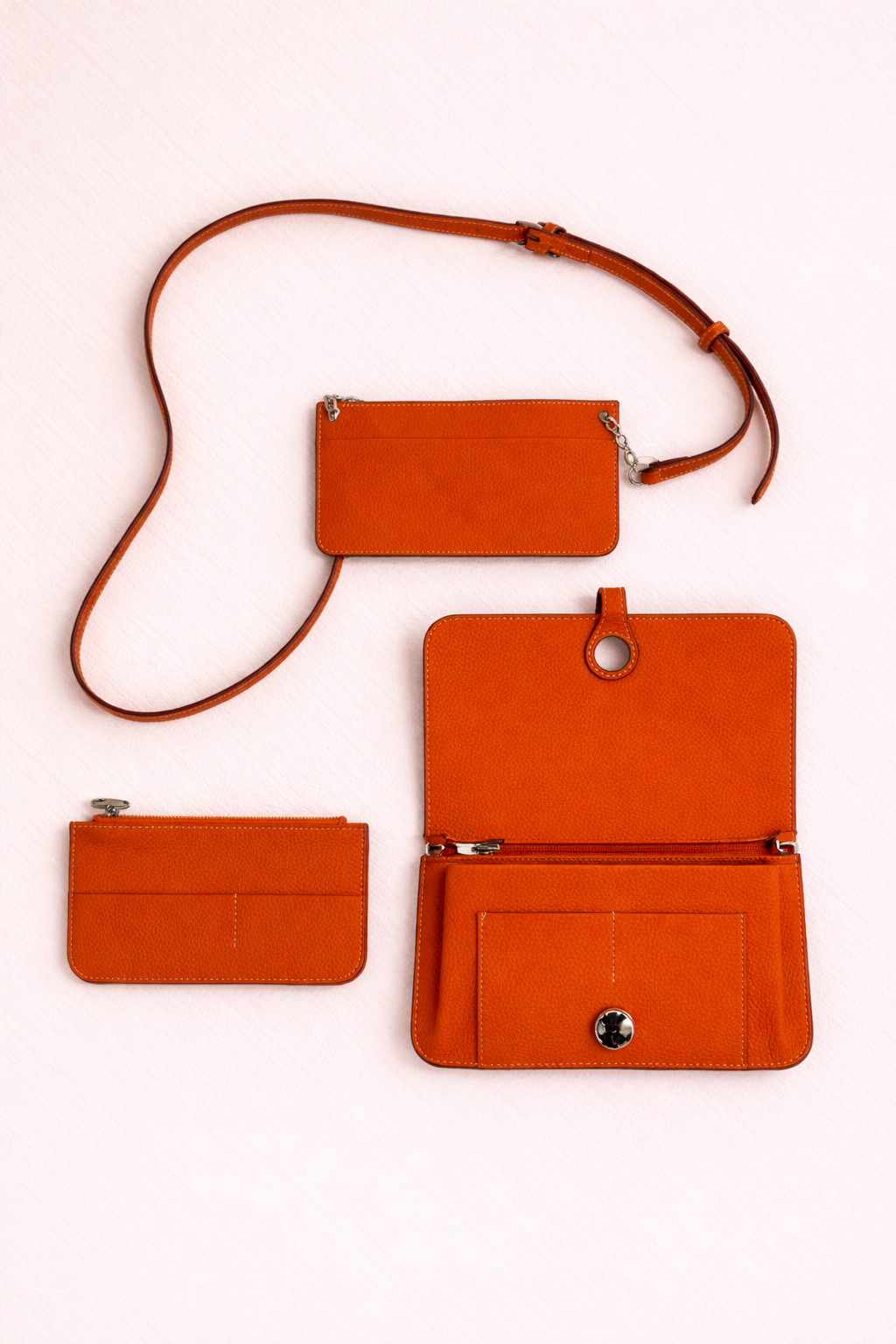 Luxe Orange Leather Modular Crossbody Bag - Detachable Wallet & Adjustable Strap