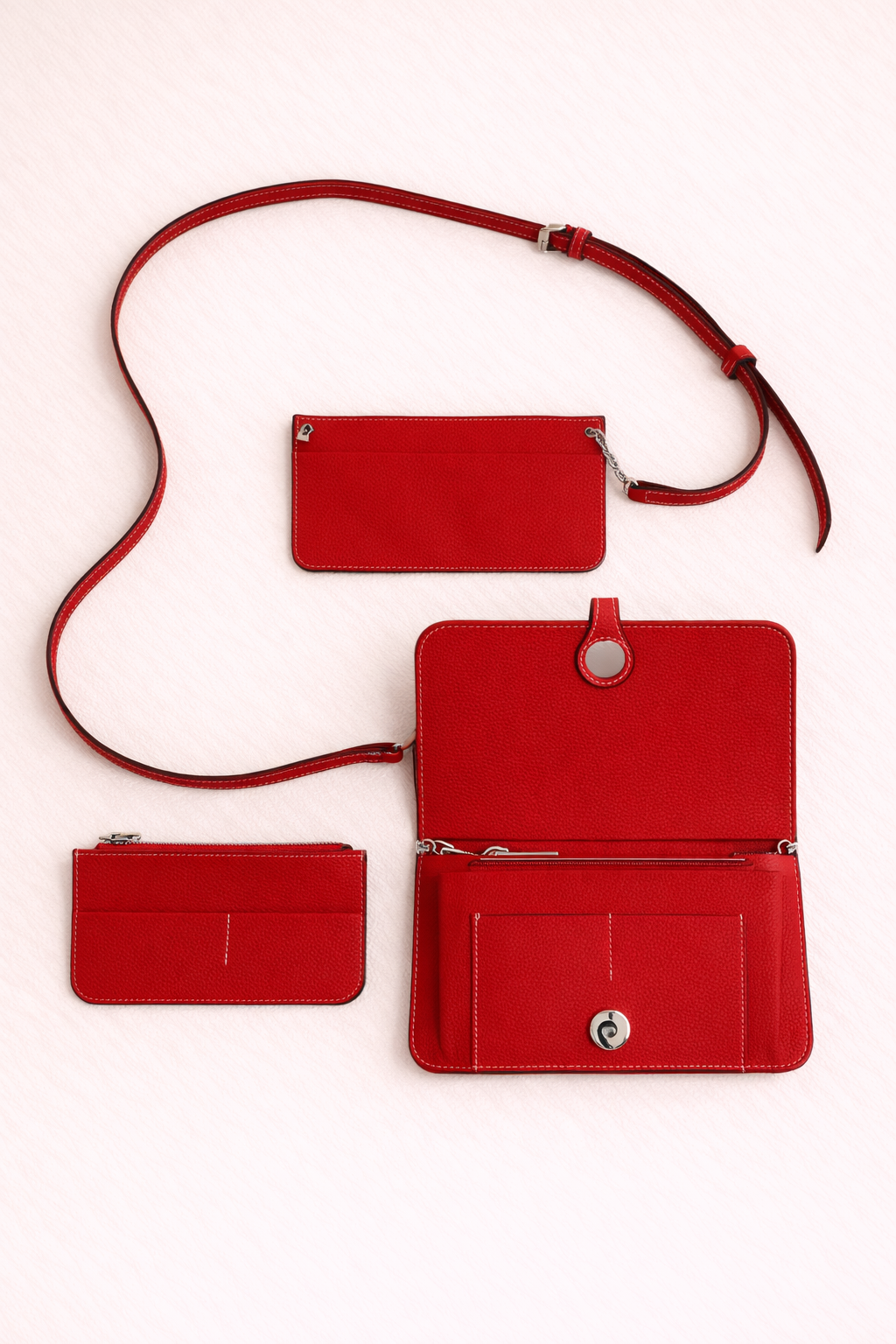 Luxe Red Leather Modular Crossbody Bag - Detachable Wallet & Adjustable Strap