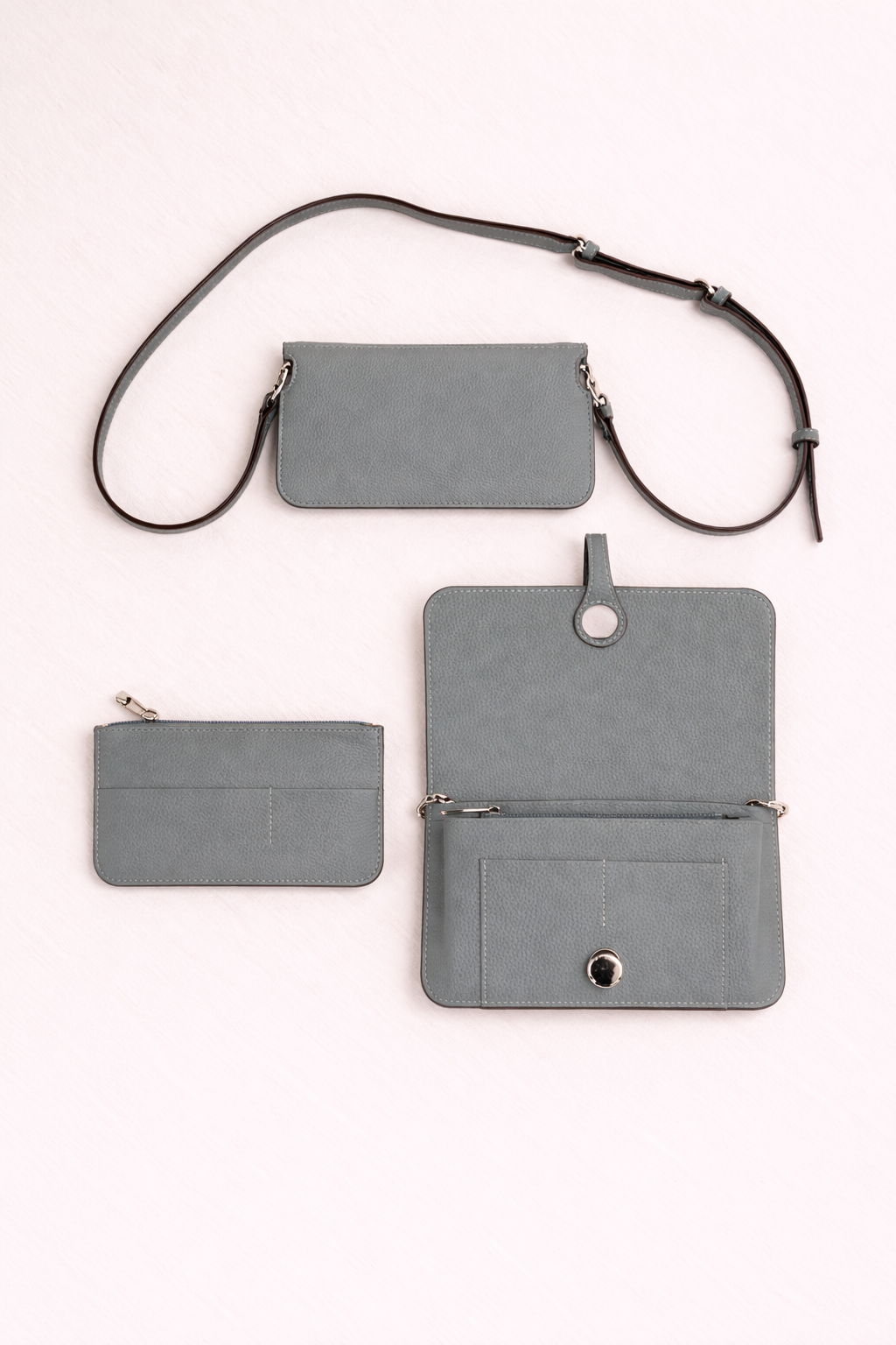 Luxe Light Blue Leather Modular Crossbody Bag - Detachable Wallet & Adjustable Strap
