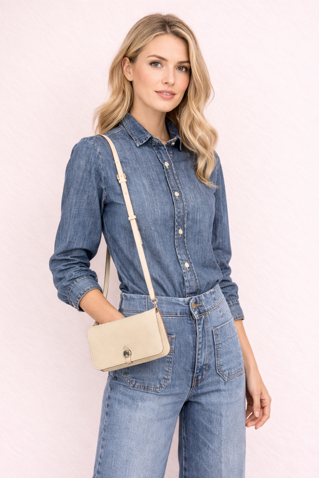 Luxe Cream Leather Modular Crossbody Bag - Detachable Wallet & Adjustable Strap