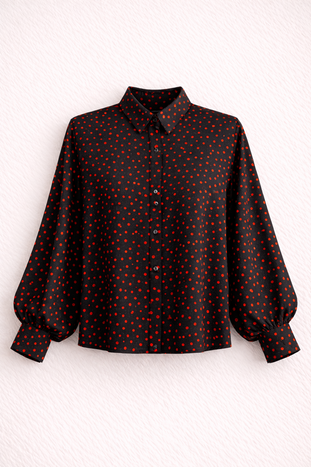 Women's Black Button-Down Blouse With Red Polka Dots & Puff Sleeves