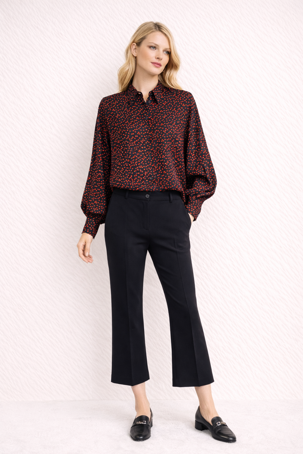 Women's Black Button-Down Blouse With Red Polka Dots & Puff Sleeves