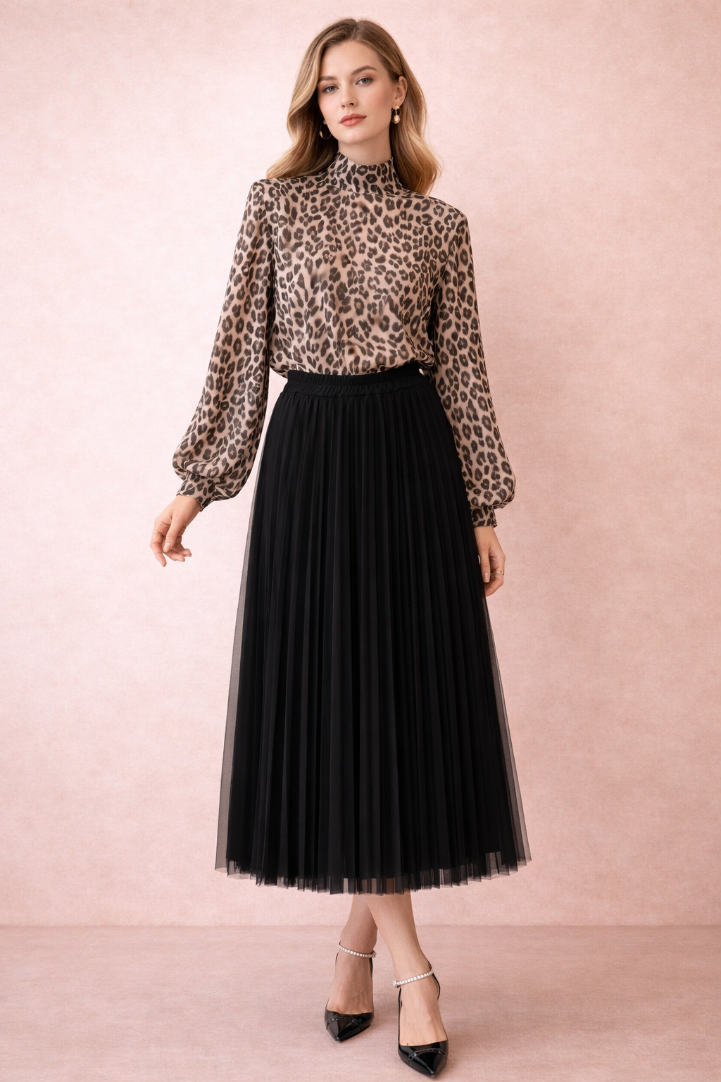 Leopard Print High Neck Blouse With A Bow In The Back