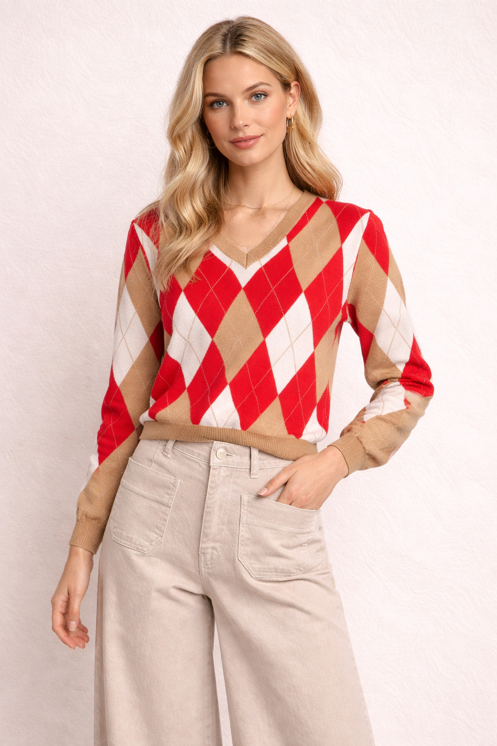 Red & Beige Argyle V-Neck Knit Sweater - Soft Luxury Jumper
