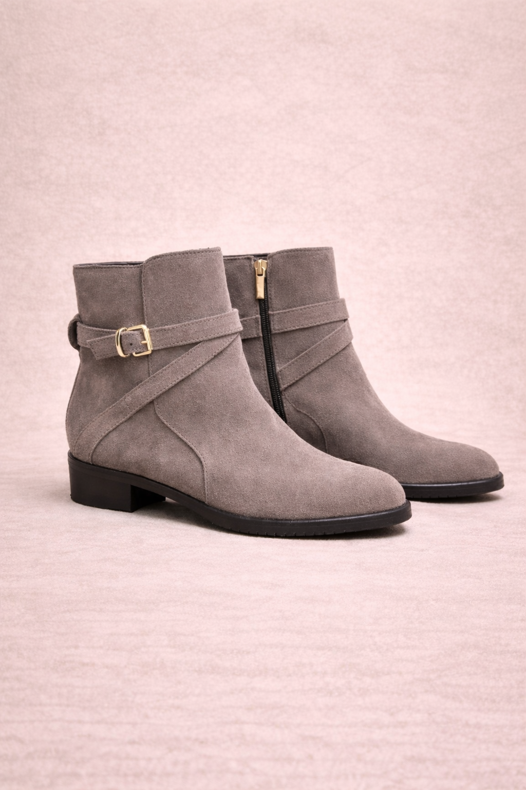 Taupe/Grey Suede Buckle Ankle Boots