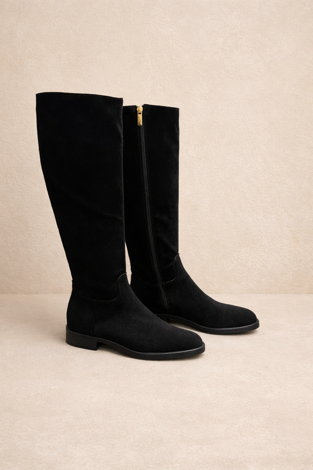 Black Suede Knee-High Flat Boots