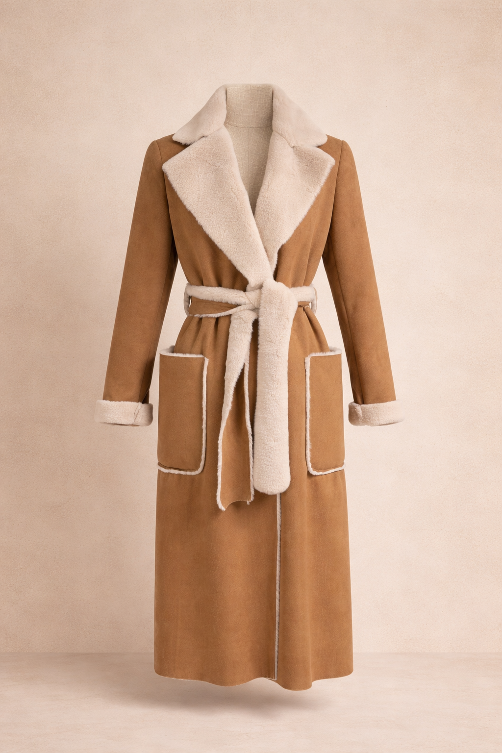 Camel Faux Shearling-Trim Wrap Coat